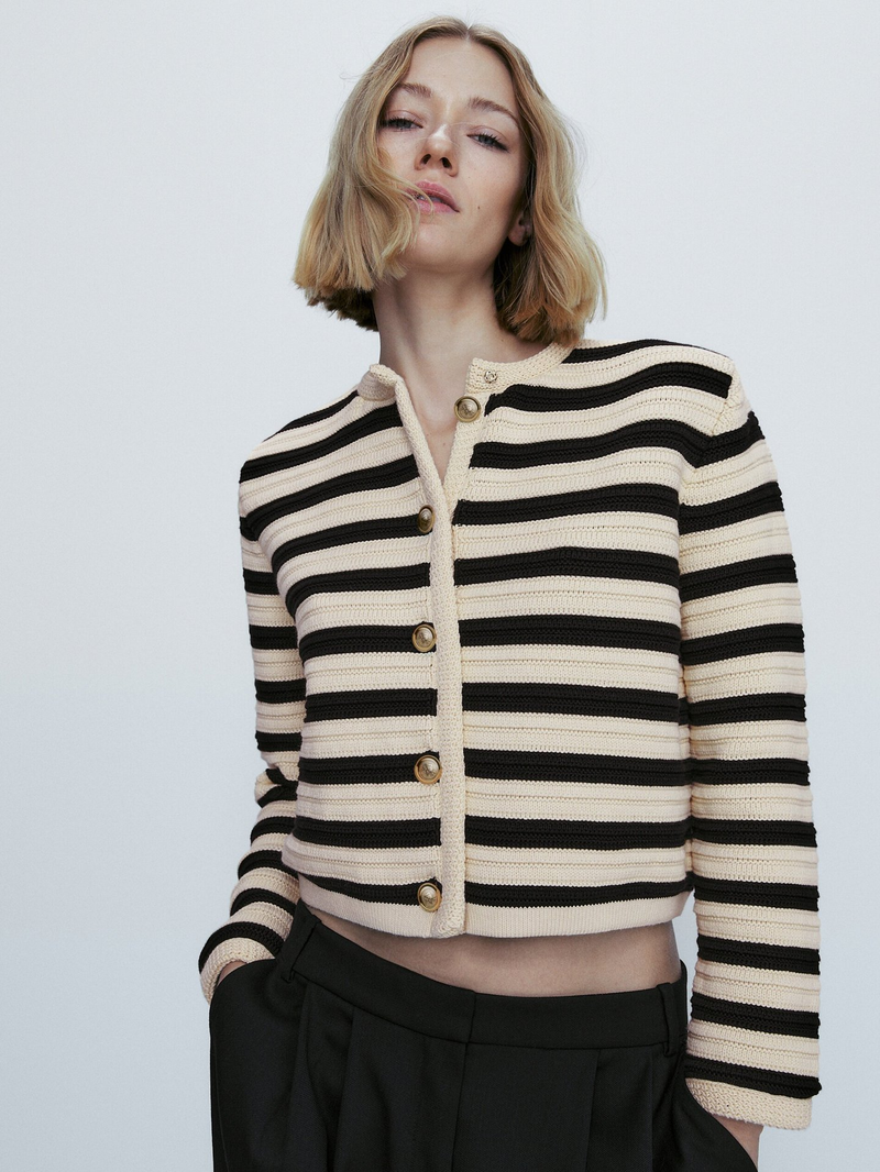 Women's slim-fit version buckle striped small fragrant style knitted cardigan short coat_voghion.com
