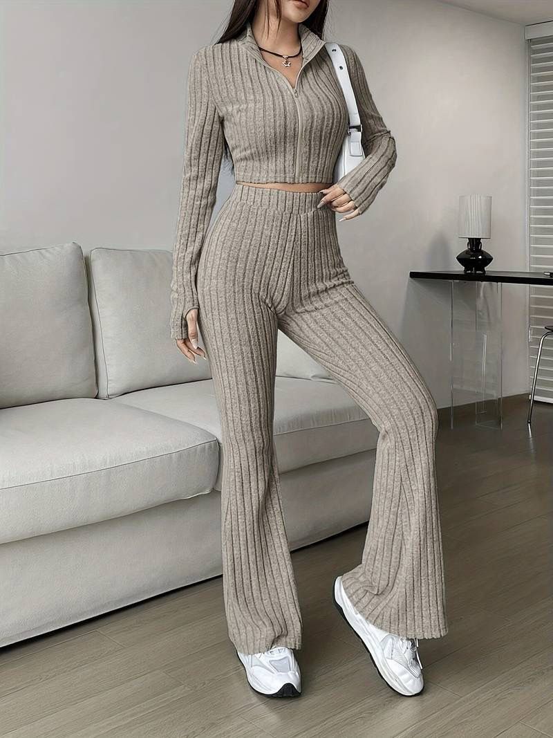 Fashion Solid Color Ribbed Two Piece Set Zipper Long Sleeve Crop Top And High Waist Flared Pants Set Women's Casual_voghion.com
