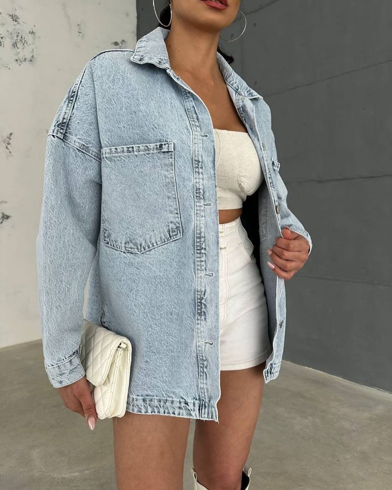 Giacca in denim oversize a maniche lunghe, stile Old Bf, stile retrò lavato, per donna, autunno e inverno, drappeggiata, monopetto_voghion.com