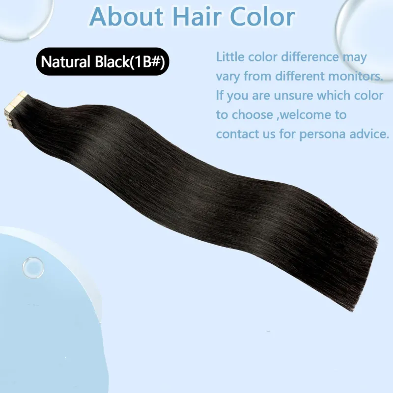Extensiones de cabello con cinta adhesiva, cabello humano liso, n.° 1B, color natural, trama de piel sin costuras, cinta adhesiva invisible de doble cara para mujeres_voghion.com