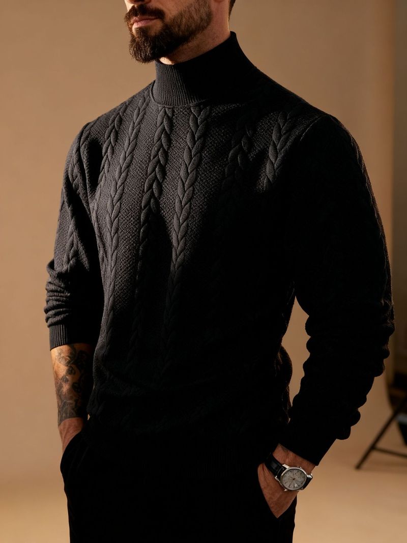 2025 Autumn And Winter New European Size Solid Color Jacquard Sweater Men's High Collar Thick Warm Sweater_voghion.com