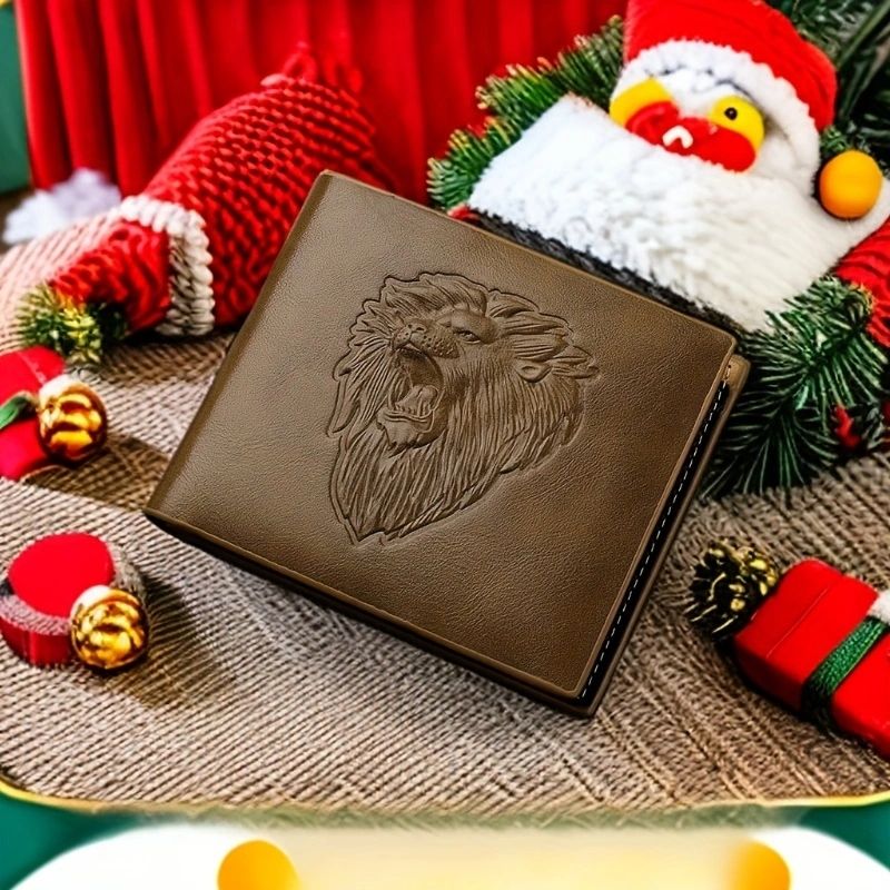1 billetera con estampado en relieve 3D de león para hombre, de cuero sintético, para tarjetas de crédito, monedas, regalo de Navidad_voghion.com