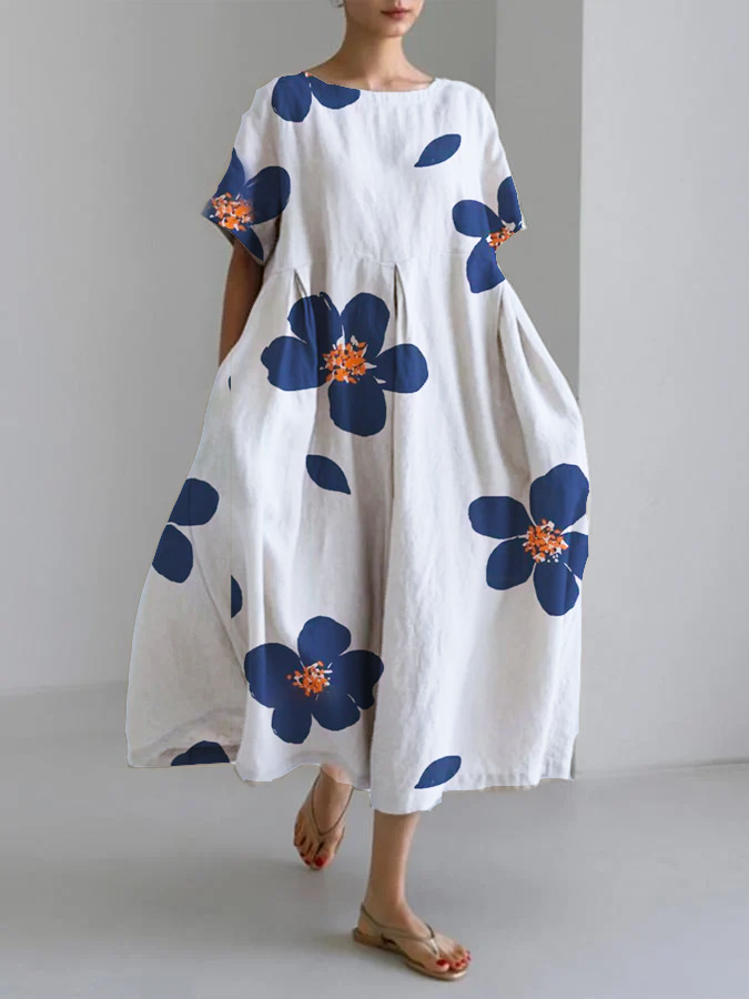 Damenbekleidung Lockeres Rundhals-Mode-High-End-Kurzarm-Printkleid_voghion.com