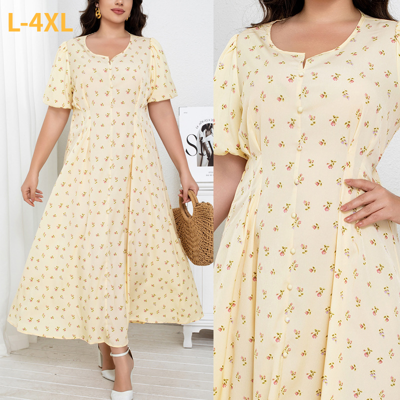 Wickelkleid mit Blumenmuster für Damen, V-Ausschnitt, Midi-Teekleid mit Knopfdetail, atmungsaktives Polyester, Übergröße 0XL-4XL (Gelb)_voghion.com