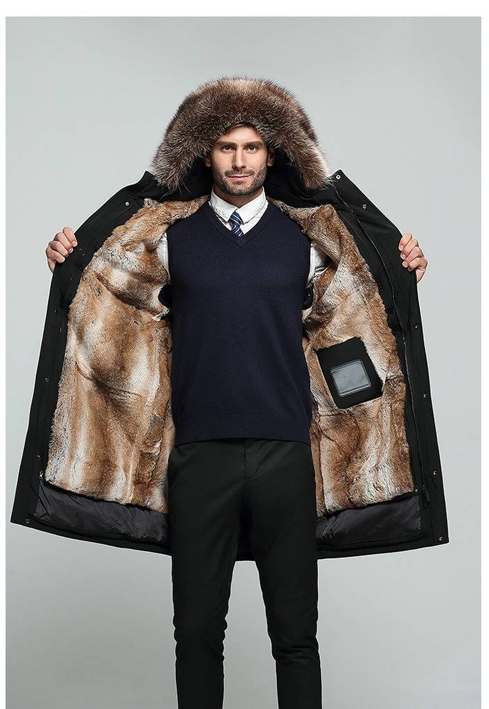 Men's Winter Parka Coat With Raccoon Fur Collar - Mid-Length Loose Fit Detachable Lining Down Jacket_voghion.com