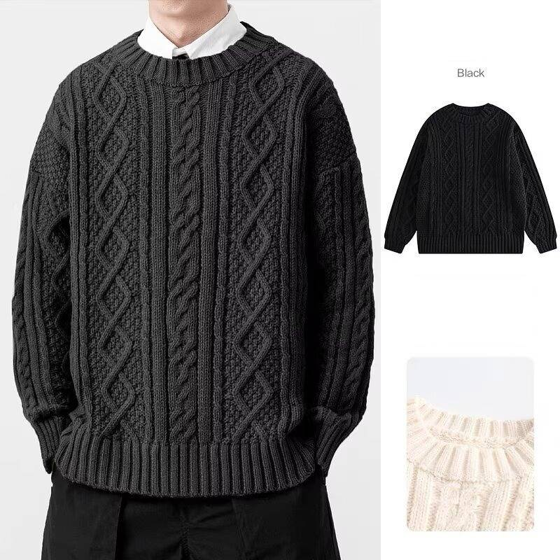 Men's Clothing Men's Cable Knit Sweater - Textured Crewneck Pullover (Black/Beige/Grey/Green, M-XXXL)_voghion.com