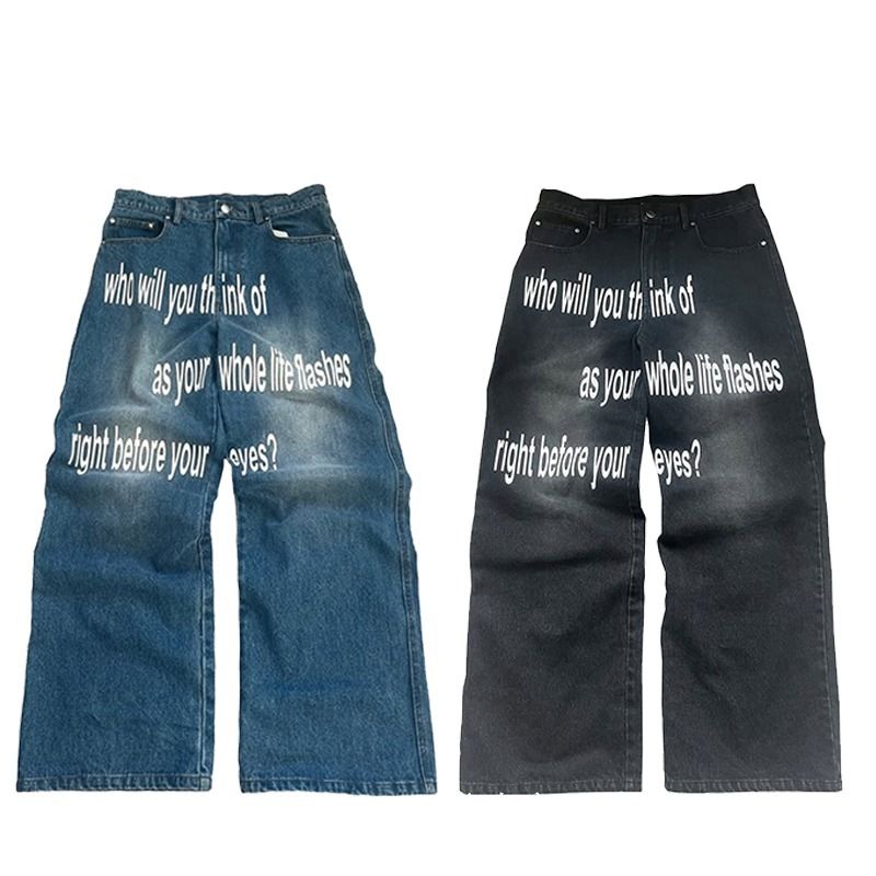 Streetwear Baggy Jeans für Herren – Übergroße High-Waist-Jeans mit Grafikprint (Hip-Hop-Style, Straight-Leg, Baumwolle, Blau/Schwarz)_voghion.com