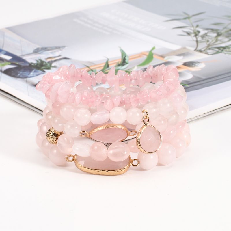 Ronn Perlen Natursteen Armbänner Rosa a Wäiss Set Elastesch Perlen Verstellbar_voghion.com