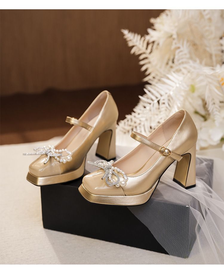 Y9759-096 Color Block Mary Jane Rhinestone Bow Chunky Heel High Heels Lively Elegant Luxurious Dress Shoes_voghion.com