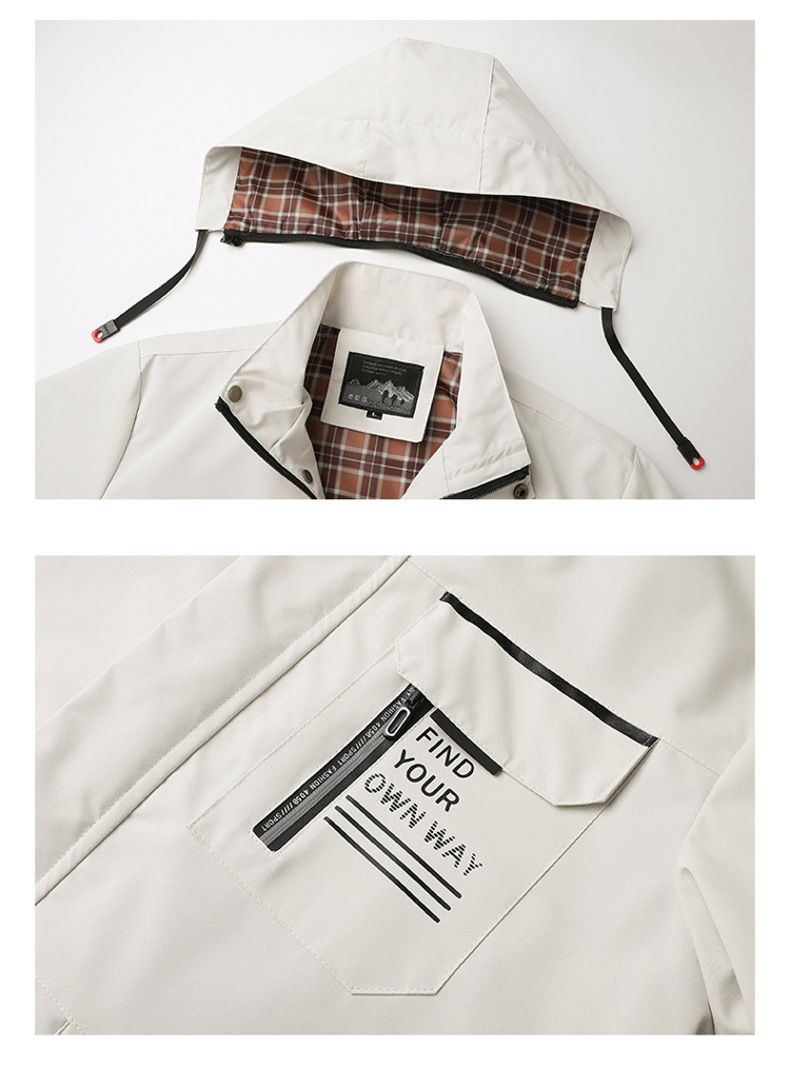 Men's Multi-Pocket Detachable Hood Jacket – Lightweight Polyester Workwear Coat With Utility Design For Spring & Autumn Outdoor Travel_voghion.com
