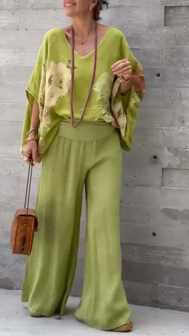 Abbigliamento da donna, top e pantaloni stampati in cotone e lino con scollo a V, abiti casual da donna più venduti_voghion.com