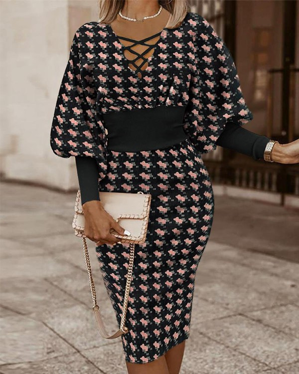 Women's Tunic Long-Sleeved Strappy Hip Dress_voghion.com