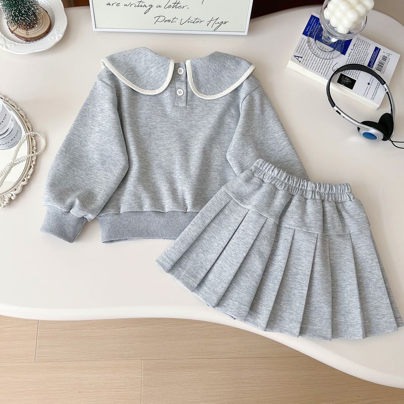 2024 autunno nuova versione coreana ragazze bavero fiocco felpa con cappuccio per bambini manica lunga gonna corta due pezzi set, 67339_voghion.com