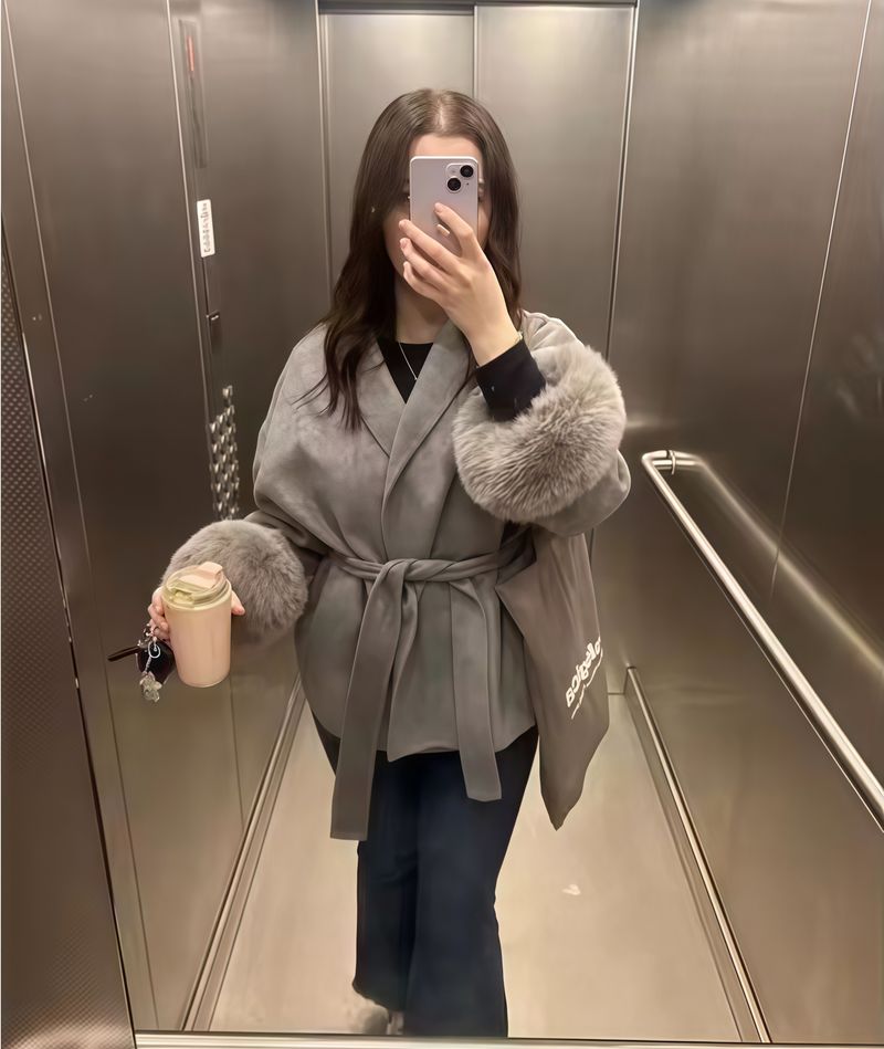 Trenchcoat aus Wollmischung – Langer Damenmantel mit übergroßem Revers und Gürteldetail für elegante und lässige Kleidung_voghion.com