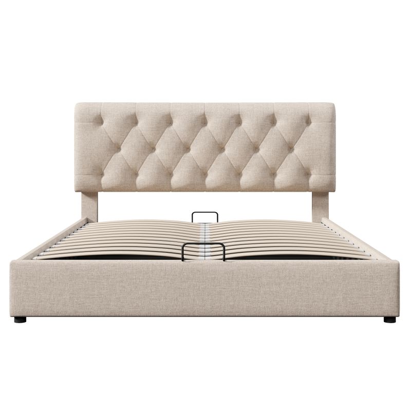 Cadre de lit king size rembourré hydraulique réglable 160 x 200 cm avec lattes métalliques, lit coffre moderne avec tête de lit réglable, design naturel, matelas non inclus_voghion.com