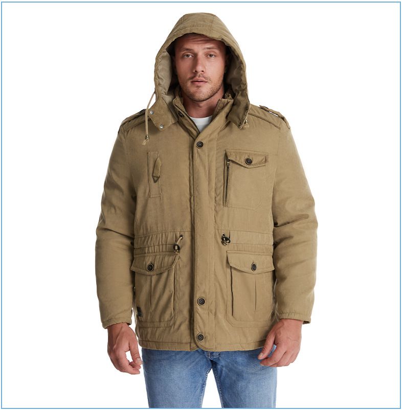 Men's Plus Size Shearling Hooded Cotton Jacket Thickened Multi-Pocket Cotton Top Casual Mid-Length Coat_voghion.com