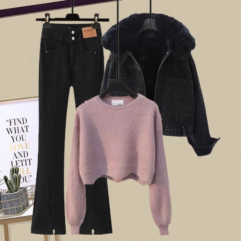 Damkläder Plus Size Dam höst- och vinterkostymer 2024 Nya förtjockade kappor Kvinnors mångsidiga stickade tröjor Jeans Tredelade kostymer_voghion.com