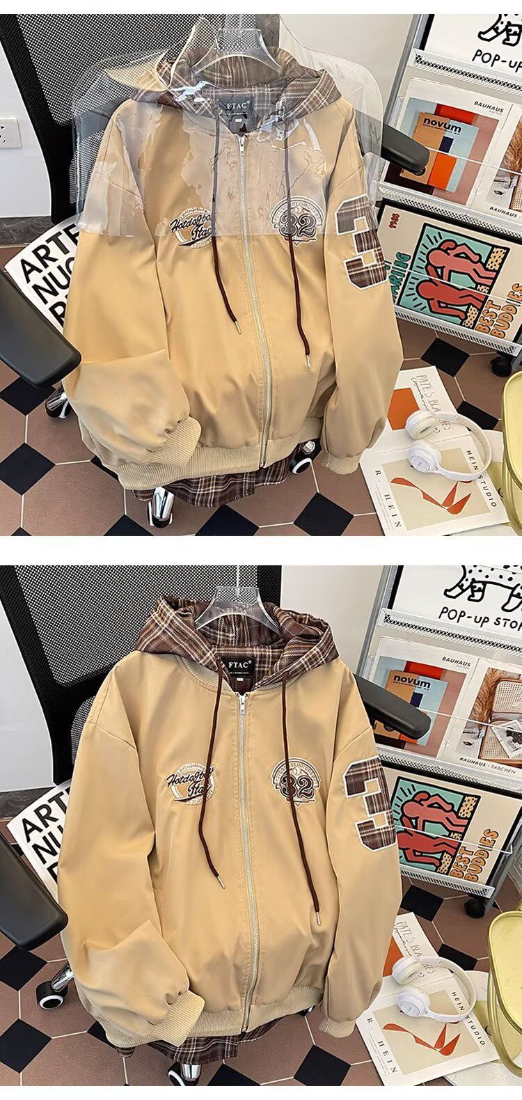 Unisex American Retro Plaid Jacket - Cleanfit Two-Piece Design, Couple Matching Workwear Coat In Khaki/Navy (M-2XL)_voghion.com