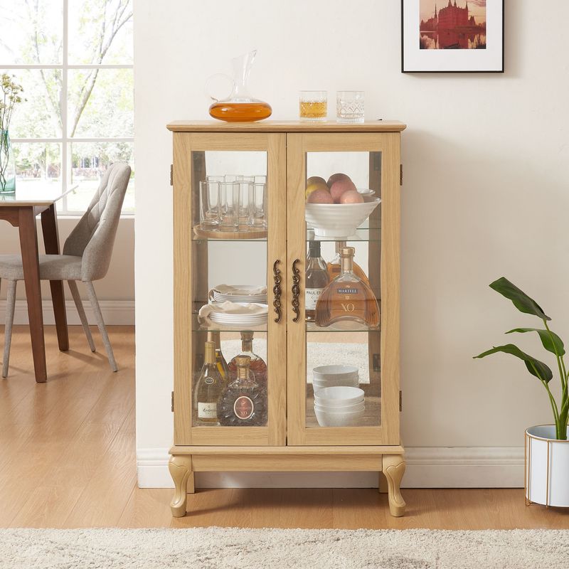 2 Doors Curio Cabinet With Tempered Glass Doors, Curio Cabinets With Mirrored Back Panel And Adjustable Shelves, Lighted Display Cabinet For Home, Office Light Bulb Included Cherry_voghion.com