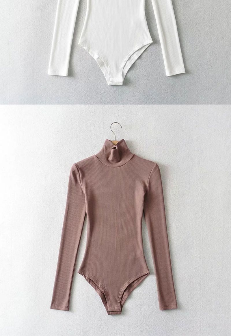 Slim Fit Bodysuit For Women, Spring And Autumn High Neck Bodycon Long Sleeve Top_voghion.com