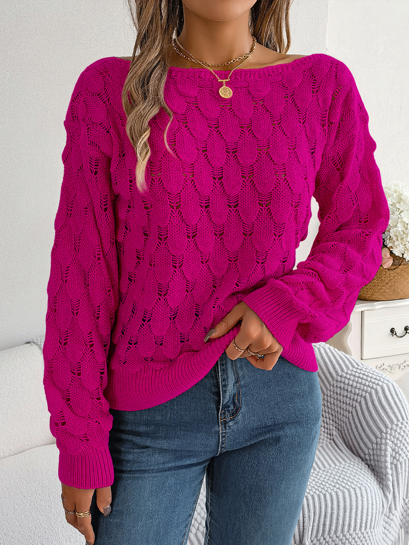 Dames verenpatroon uitgeholde gebreide trui met lange mouwen, ronde hals, off-shoulder, gehaakte trui, trui-tops_voghion.com