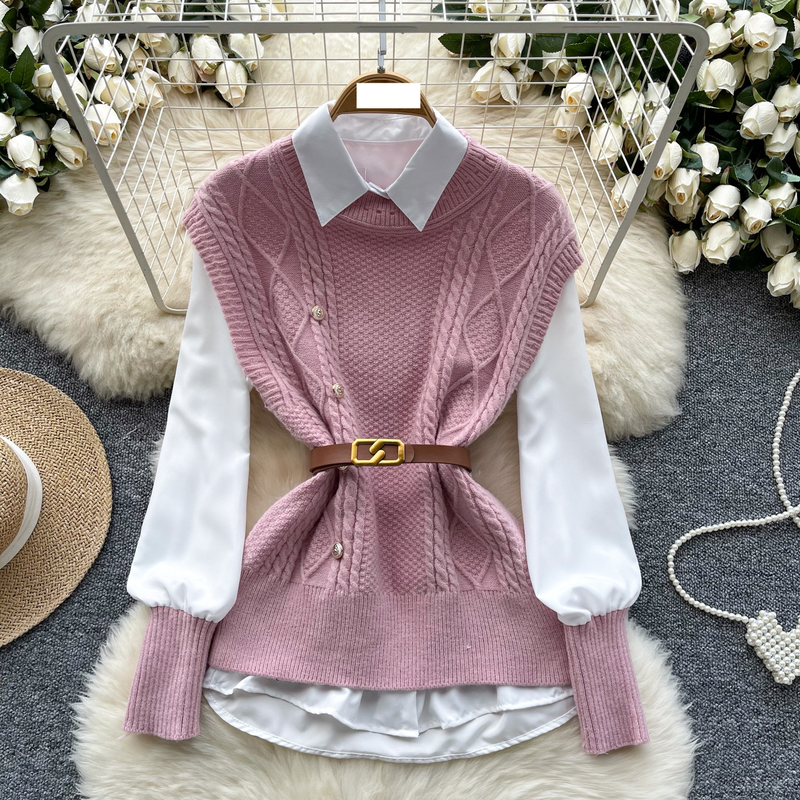 Damenbekleidung Weste Damen Herbst Zweiteiler Modischer und vielseitiger ärmelloser gedrehter Strickweste mit langärmligem Hemd innen_voghion.com