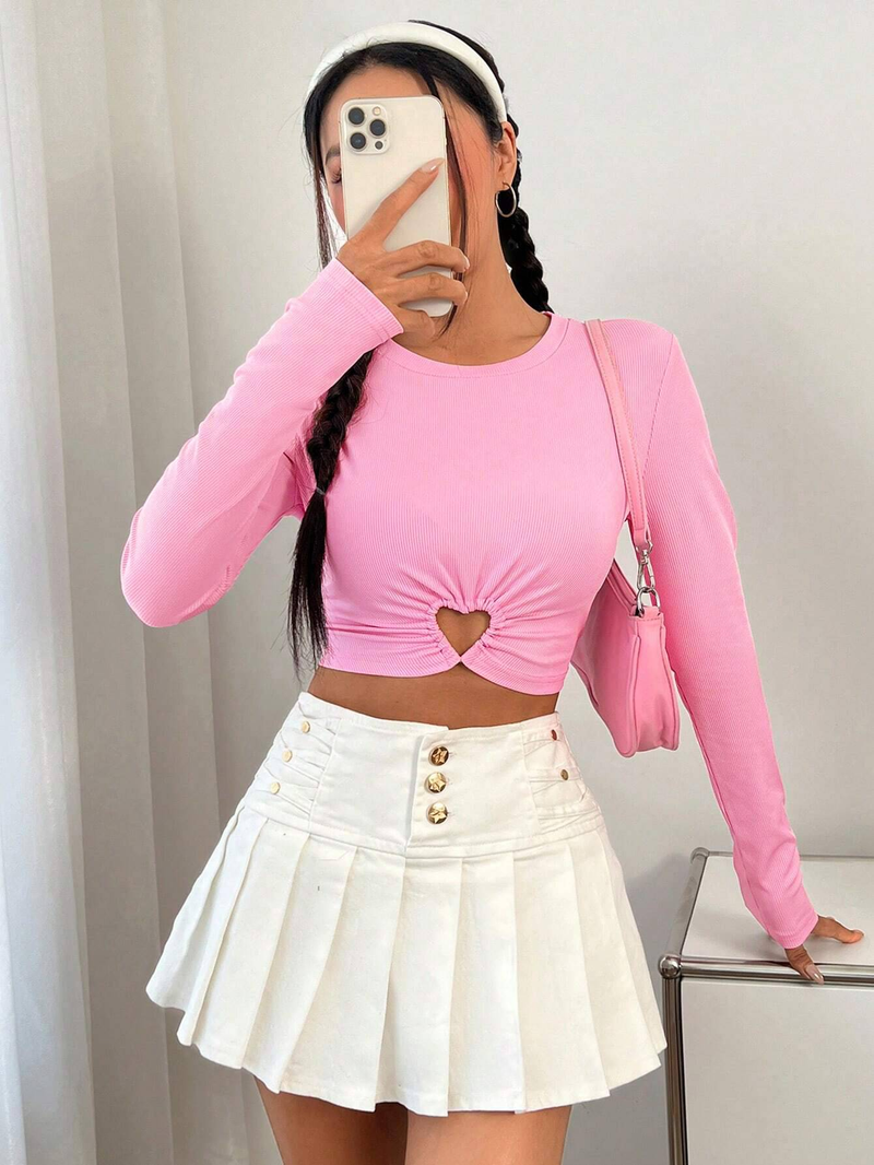European Women's T-Shirt 2024 Autumn Winter New Round Neck Slim Short Shirt Pink Tees Long Sleeve T-Shirt Top Women_voghion.com