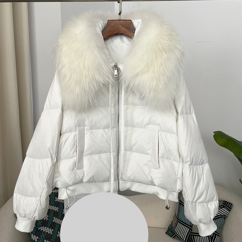 Dameskleding Oversized wasbeerbontkraag Winter Dames korte verdikte witte eendendonsjas platte jas jas_voghion.com