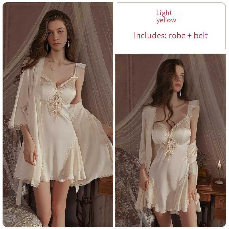 Women's Sexy Lingerie Patchwork Gathered Chest Pad Suspender Nightdress Open Front Robe Home Clothes Suit_voghion.com