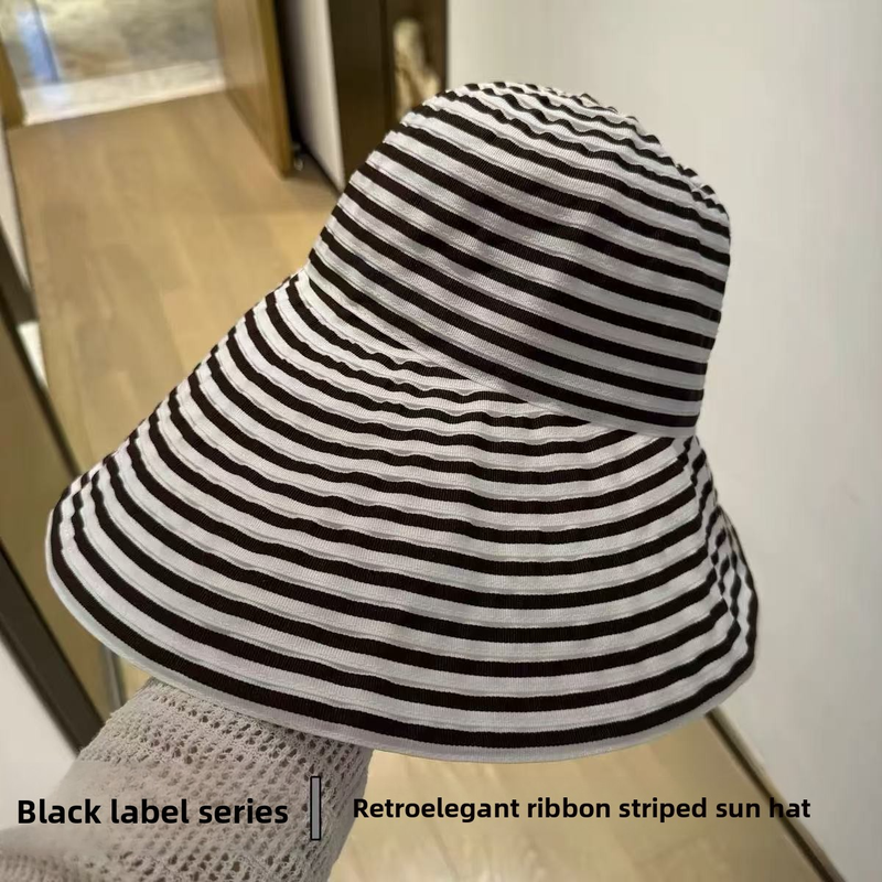 Cappello da sole pieghevole in stile francese UPF50+ da donna - Cappello da spiaggia a righe con tesa larga, ripiegabile, da viaggio e protezione UV per l'estate_voghion.com