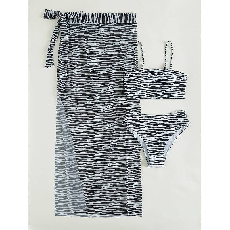 Conjunto de bikini sexy de 3 piezas para mujer: top de triángulo con cuello halter clásico y braguita de cintura alta con transparencias, lazos ajustables y protección UV._voghion.com