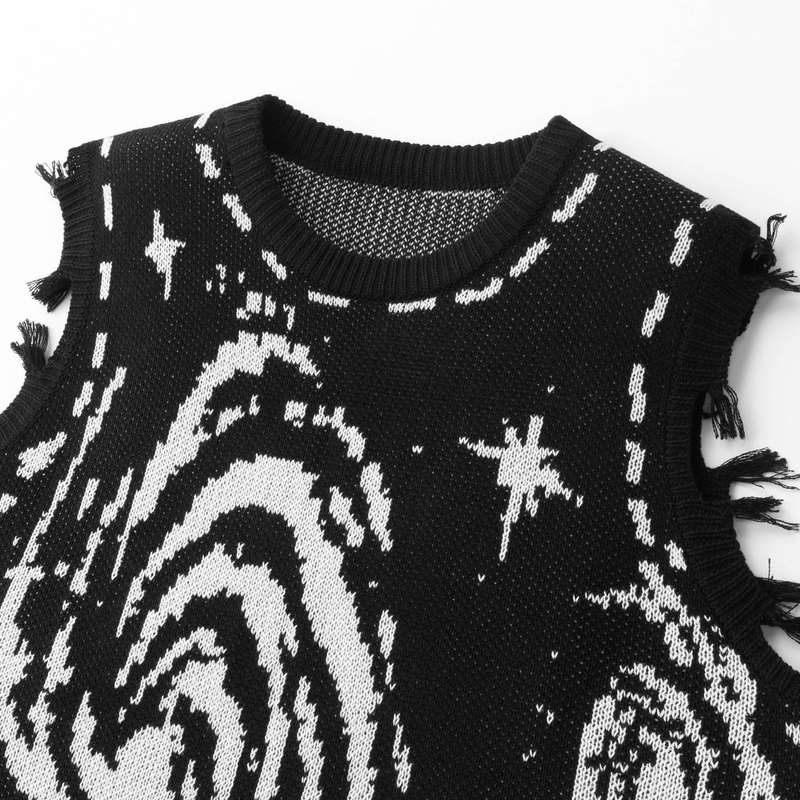 Vintage Retro Distressed Knit Sweater Vest – Galaxy Space Jacquard, Soft & Breathable, Men’s Sleeveless V-Neck Pullover (Black, M-XXL)_voghion.com