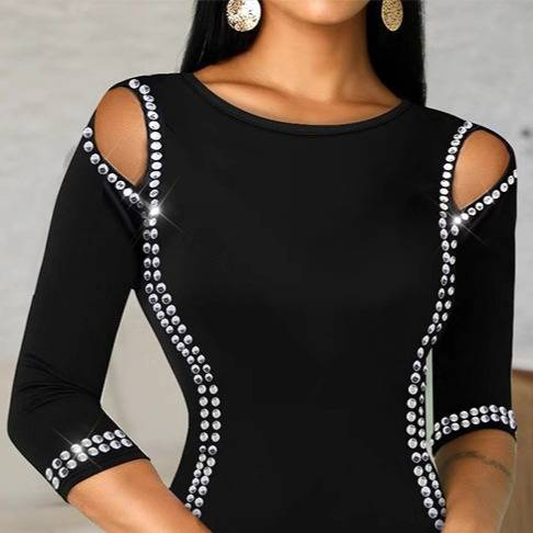 Abito da donna con spalle scoperte e glitter e maniche a sbuffo – Abito corto sexy per feste, serate fuori e appuntamenti (poliestere stampato nero)_voghion.com