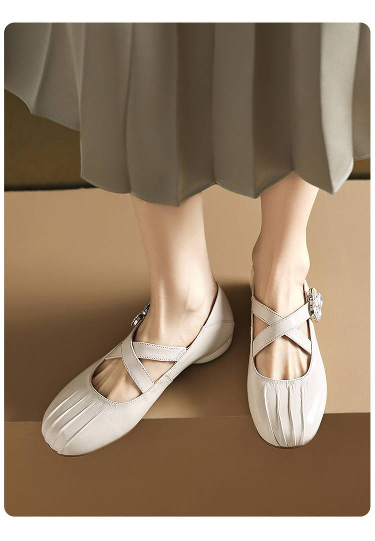 【Soft Sole And Soft Upper】Cameido Round Toe Pleated Flat Cross Strap Ballet Shoes For Autumn Mary Jane Style_voghion.com