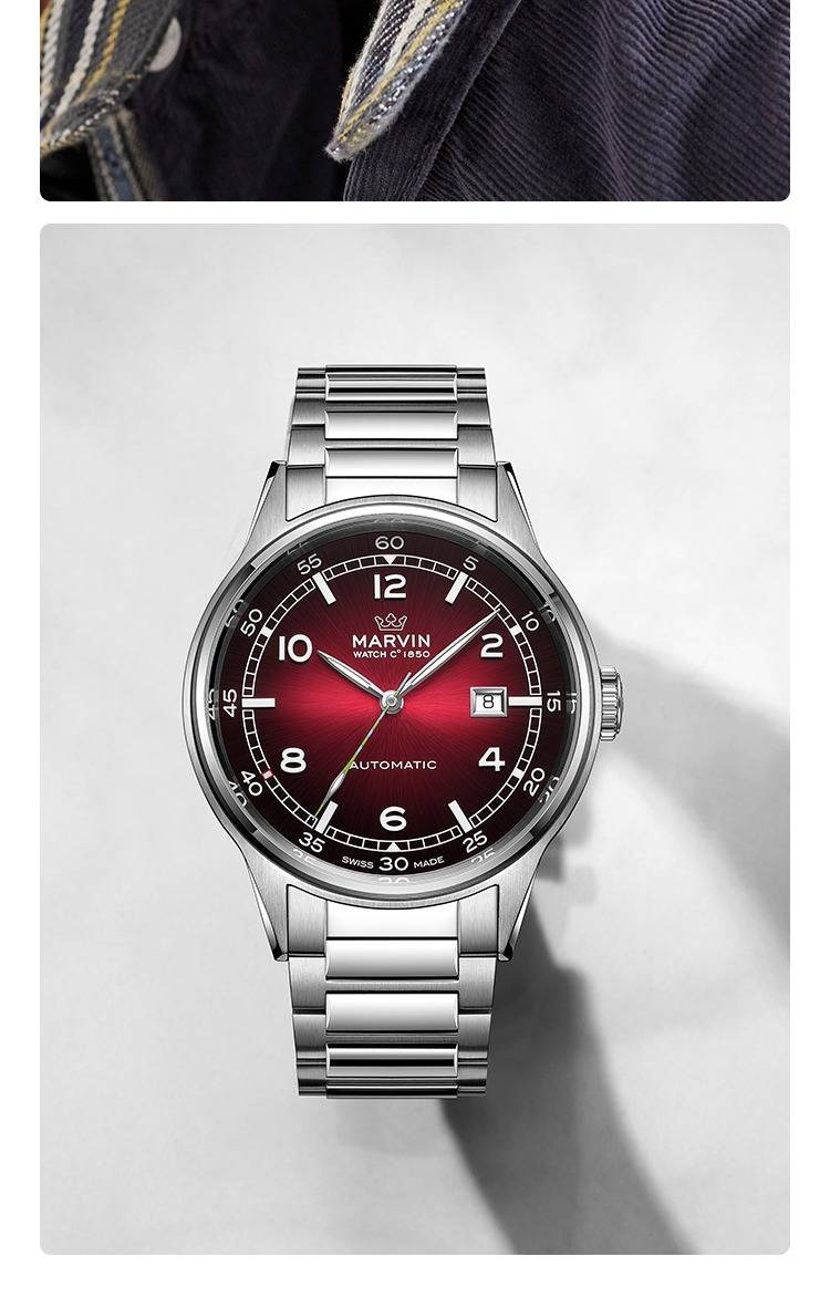 【Meister des Angelns】Marvin Swiss Luminous Mechanische Herrenuhr, Business- und modische Armbanduhr, M108.14.99.11 44 mm rotes Zifferblatt_voghion.com