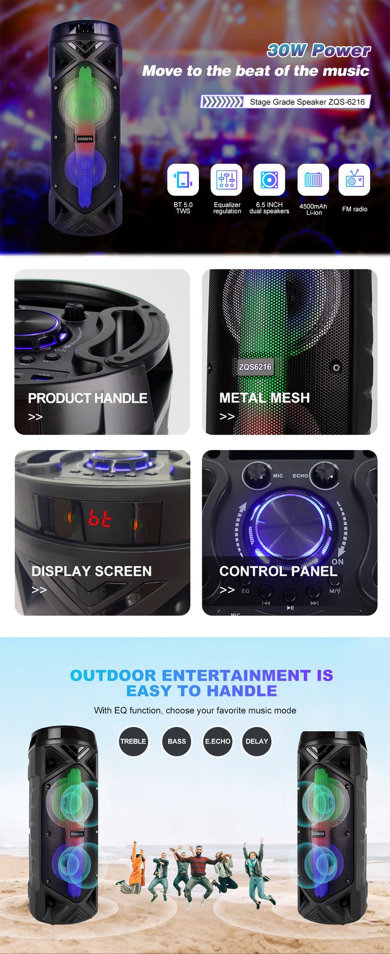 ZQS6216 Doppi altoparlanti da 6,5 pollici, audio, microfono wireless portatile, altoparlanti per lanterne da ballo quadrato all'aperto_voghion.com