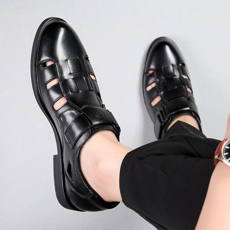 Atmungsaktive Hohlsandalen aus Leder für den Sommer, perforierte Herrenschuhe aus echtem Leder für Business und Freizeit, Klettverschluss für_voghion.com
