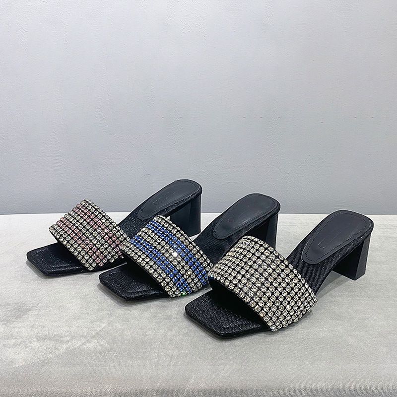 2025 Summer New Water Diamond High Women's Outerwear Coarse Heels Cool Trawl Red Same Style One Word Square Head Open_voghion.com