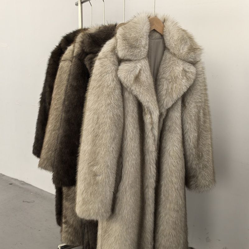 Damenbekleidung Hochwertiger Kunstpelz Umweltfreundlicher Damen Langer Kunstpelzmantel - Elegante Jacke Reverstaschen Individualisierbar_voghion.com