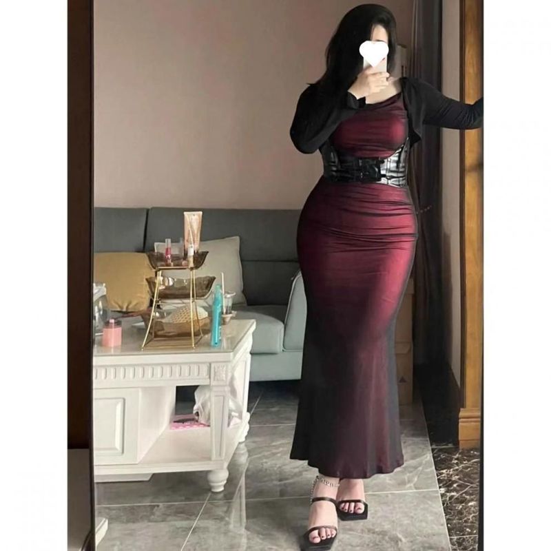C1I Set 100kg Strap Mermaid Dress Plus Size Pure Desire Sexy Ruched Slimming Long Sleeve Open_voghion.com