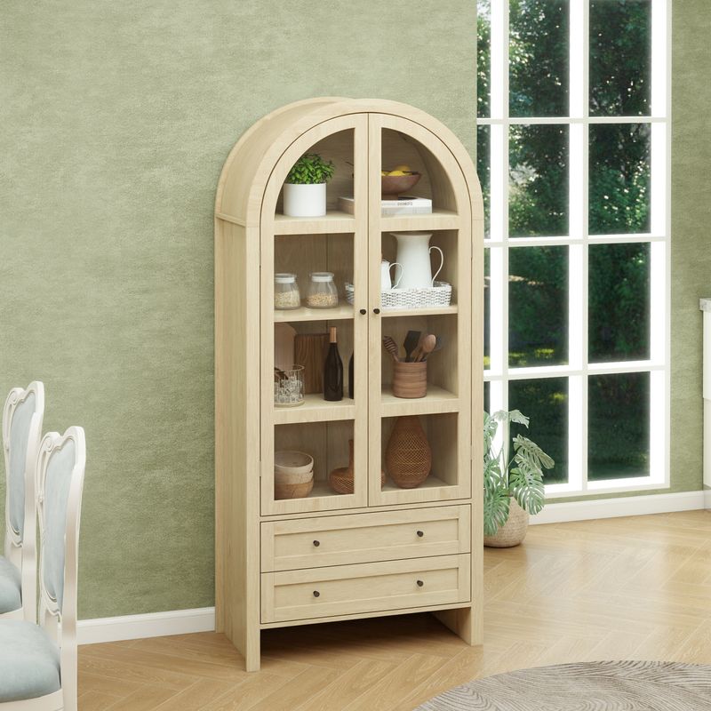 Hochschrank Naturfarben 178cm Mit Acrylglastüren, 2 Schubladen, Bogenförmig_voghion.com