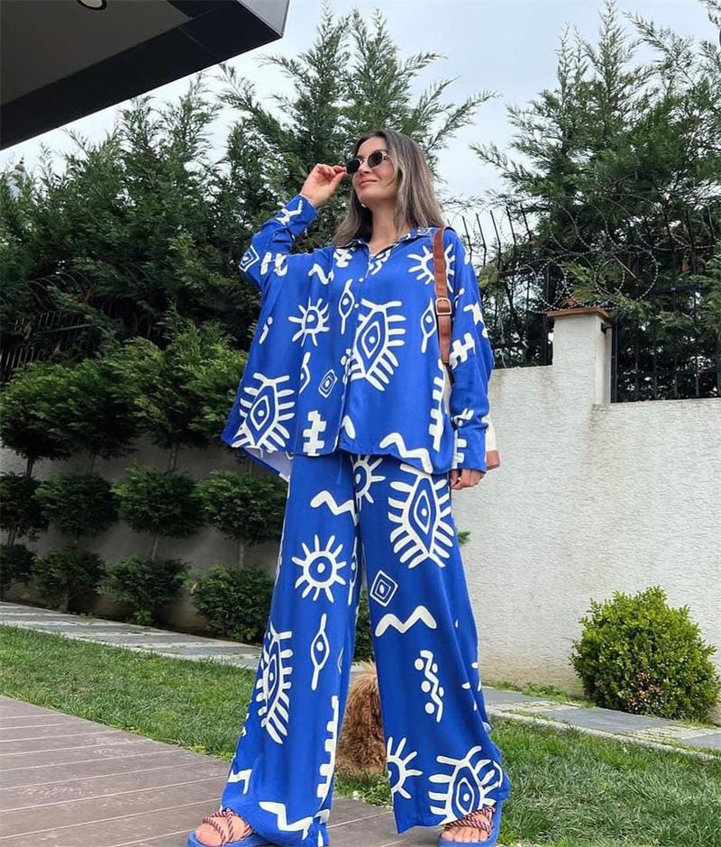 Abbigliamento da donna spot abbigliamento da donna 2024 nuova moda top larghi stampati con lacci pantaloni a vita alta gamba larga set due pezzi_voghion.com