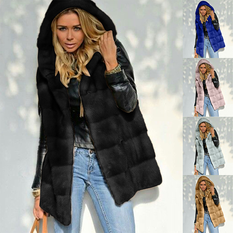 Women's hooded plush coat faux fur cardigan vest women's_voghion.com