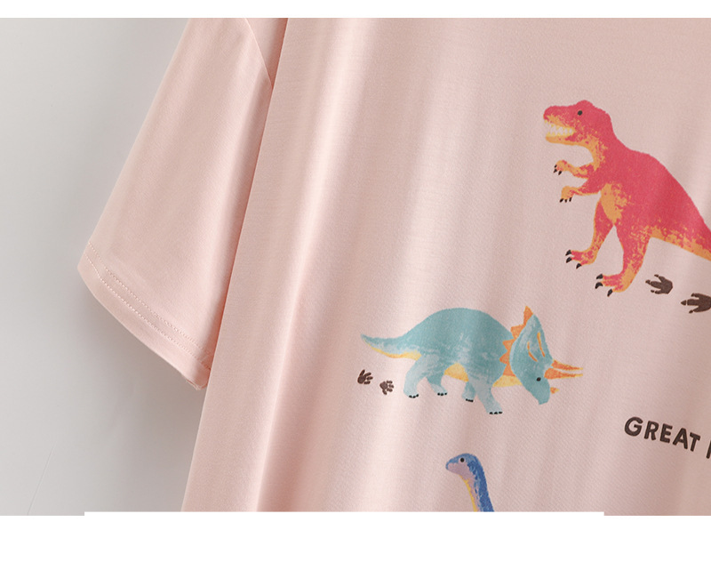Pigiami da donna in modal, pigiama da casa sottile a maniche corte con piccolo dinosauro e scollo rotondo_voghion.com
