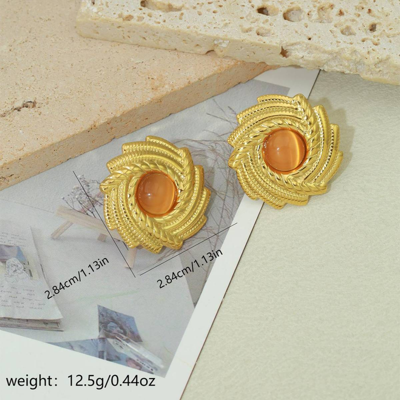 Brincos de aço inoxidável de vórtice de luxo retrô com personalidade de pedra natural e toque de alta qualidade, as mulheres usam brincos de moda de nicho para festas diárias_voghion.com