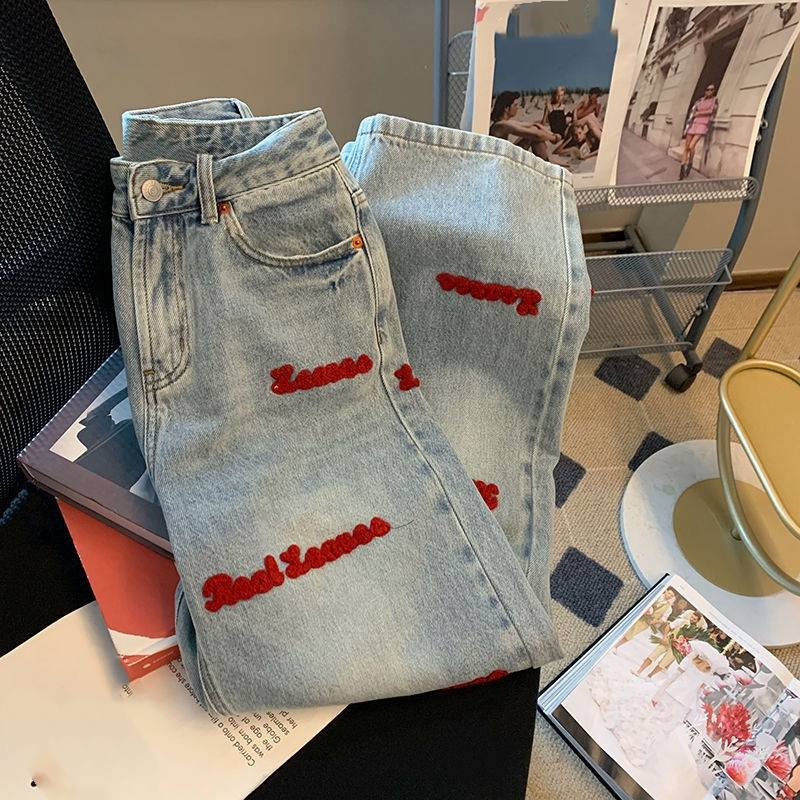 Damkläder Ins Retro High Street Brev Broderade jeans Dam Trendig märkesdesign Lösa raka Breda Ben Mopping Byxor_voghion.com