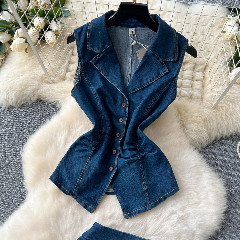 Damenbekleidung, altersreduzierender Anzug im französischen Stil für Damen im Sommer, leichter, reifer Stil, plissierte Taille, ärmelloses Jeansoberteil mit Revers + Rock mit hoher Taille_voghion.com