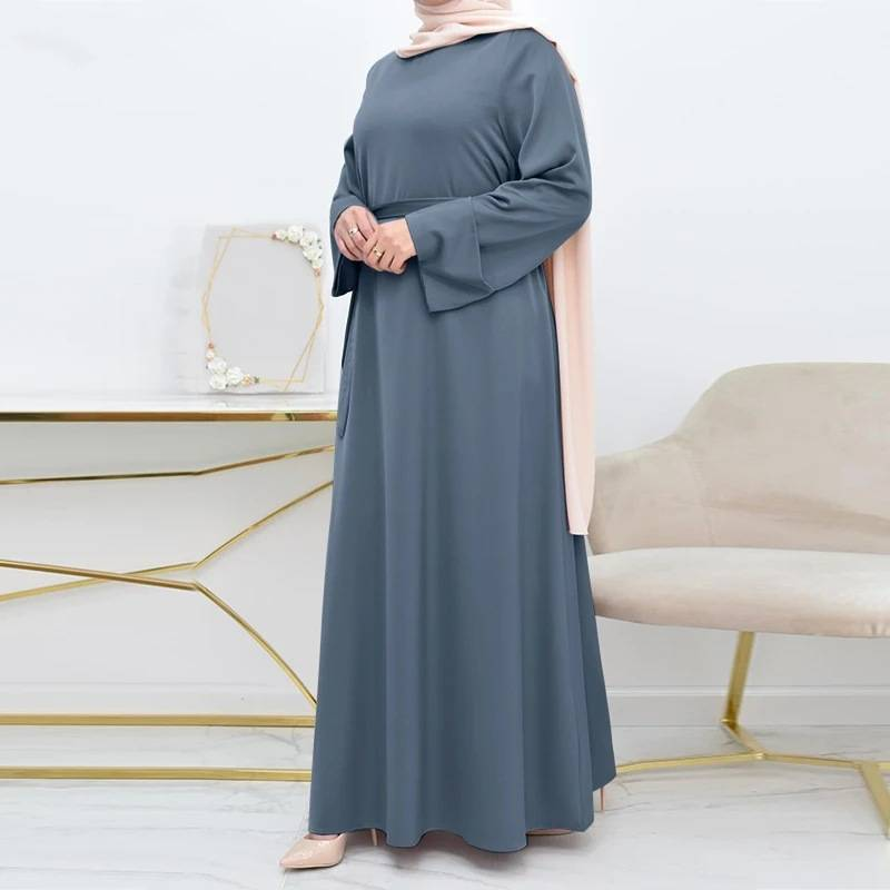 Vintage pavasara musulmaņu kleita malajiešu vienkārša, cieta sieviešu abaja O-kakla ar jostu liela izmēra garām piedurknēm halāts sieviešu vaļīga tītara kaftan_voghion.com