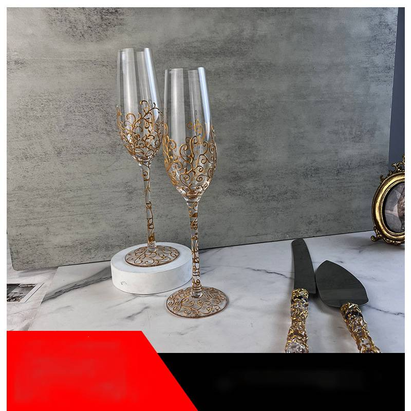 Conjunto de quatro peças de faca e pá para bolo de copo de champanhe de aniversário de casamento feito à mão_voghion.com