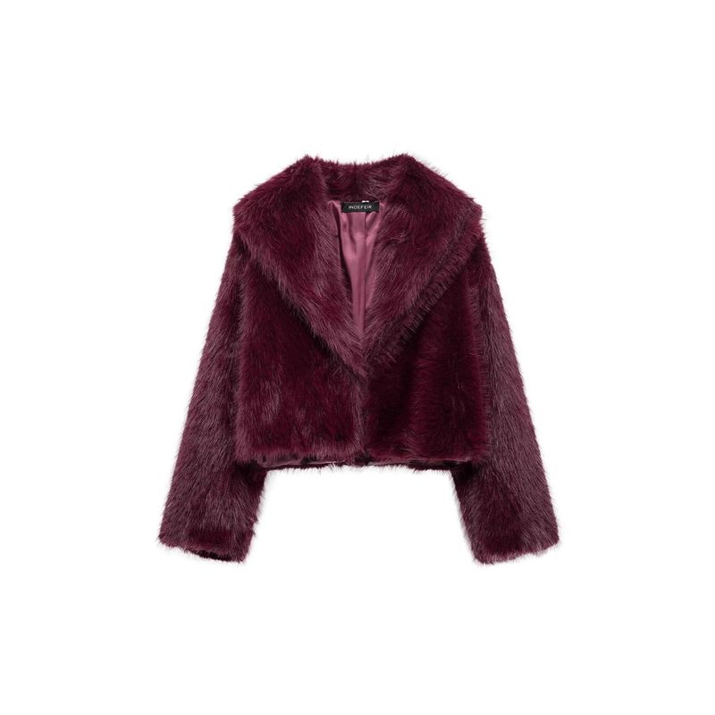 Eleganter, einfarbiger Kunstpelzmantel – Kurze Damenjacke mit Schalkragen (XS-L, Schwarz/Burgund/Kaffee)_voghion.com